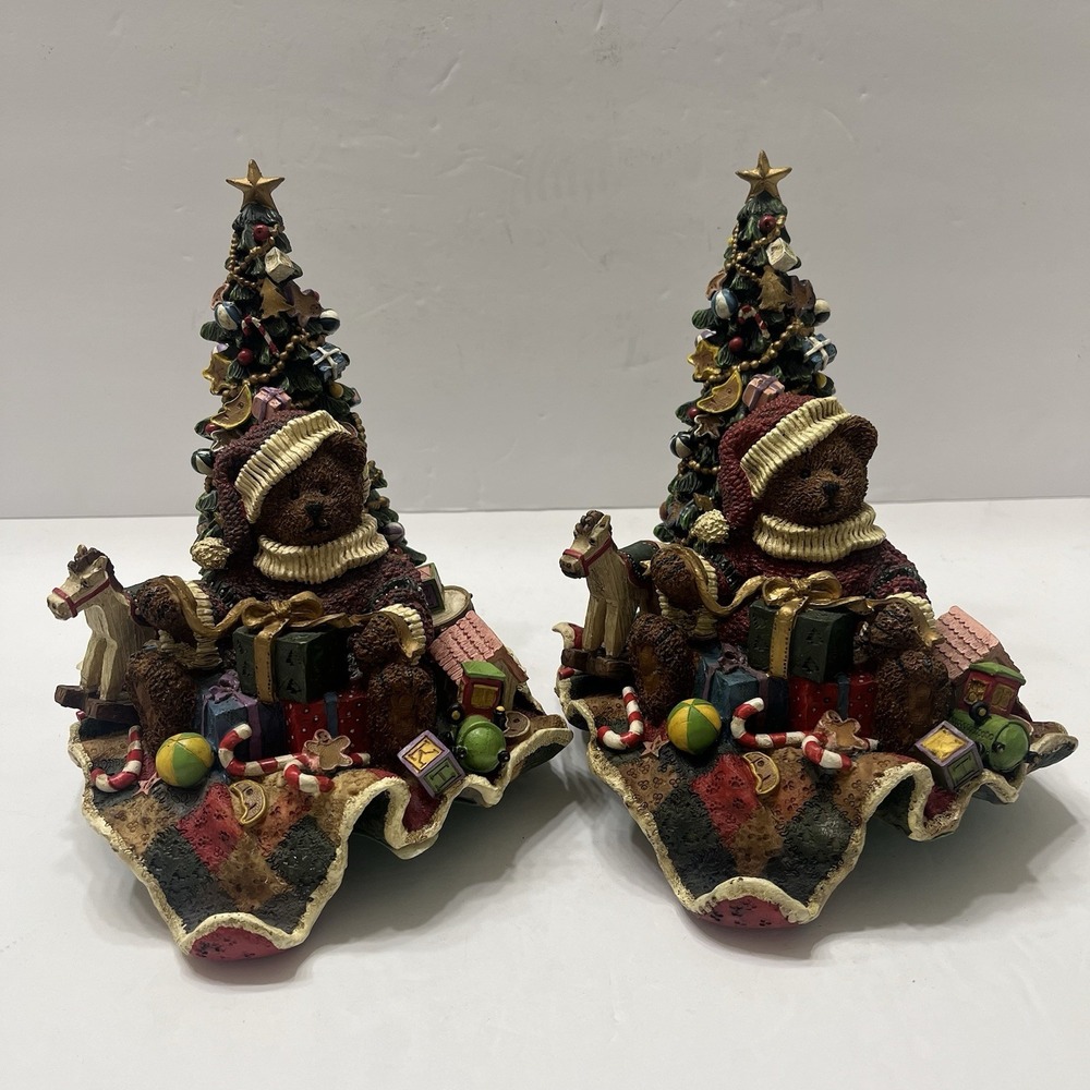Vintage Grandeur Noel Stocking Holders Set Of 2 Hand-Painted Resin Teddy Bears